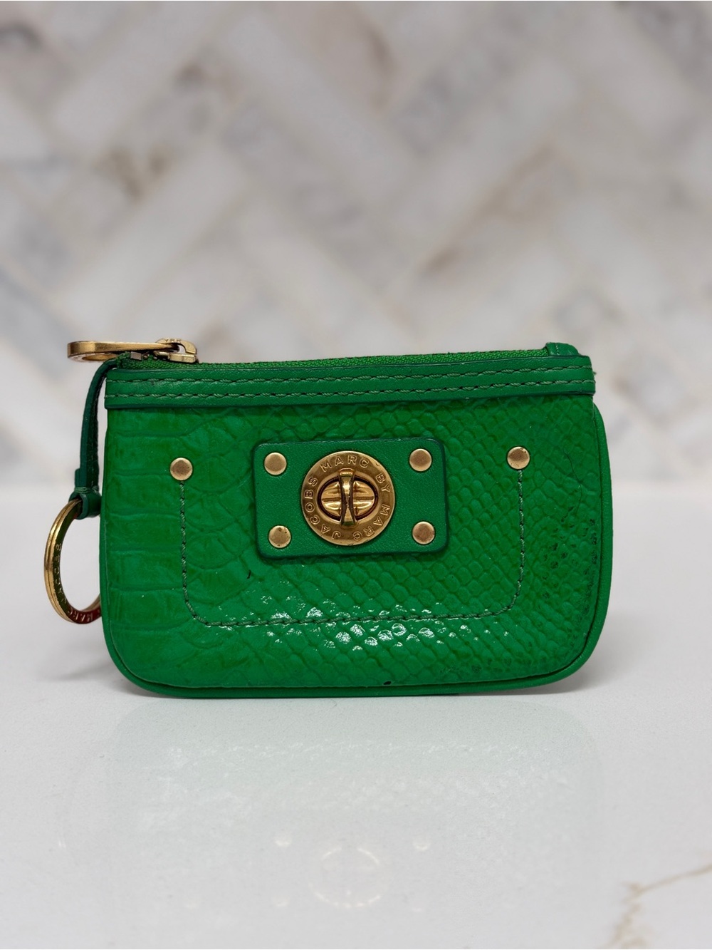 Marc by Marc Jacobs Green Snakeskin Embossed Turnlock Key Coin Pouch